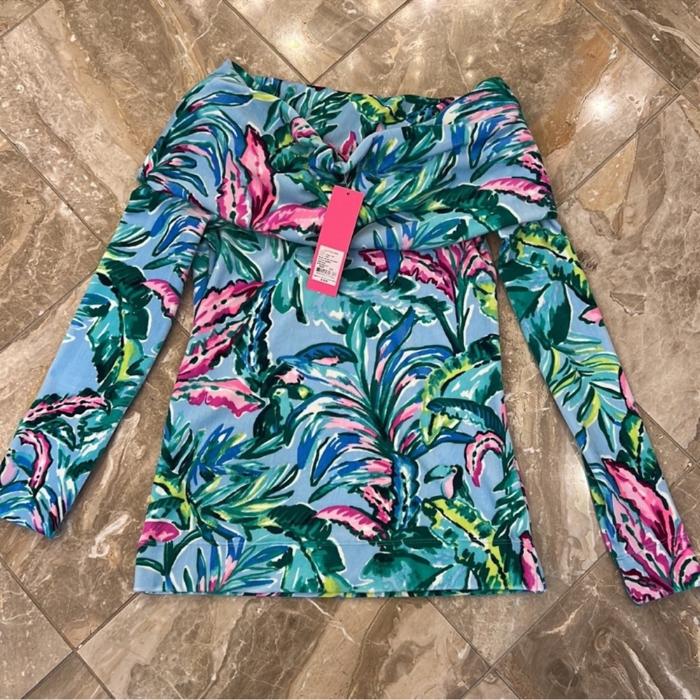 NWT Lilly Pulitzer Belinda Velour Top Porto Blue, In The Trees, XXS